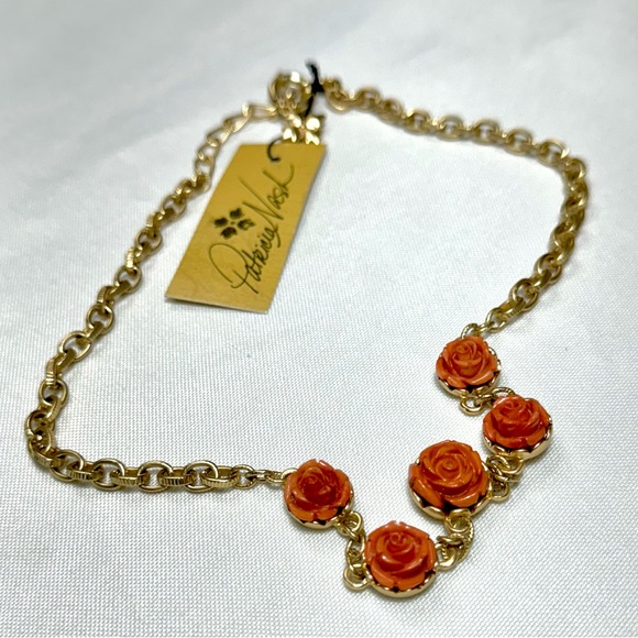 Necklace Gold-Tone Carved Rose Statement 17" + 3" extender Egyptian Gold, Pink - Picture 2 of 11